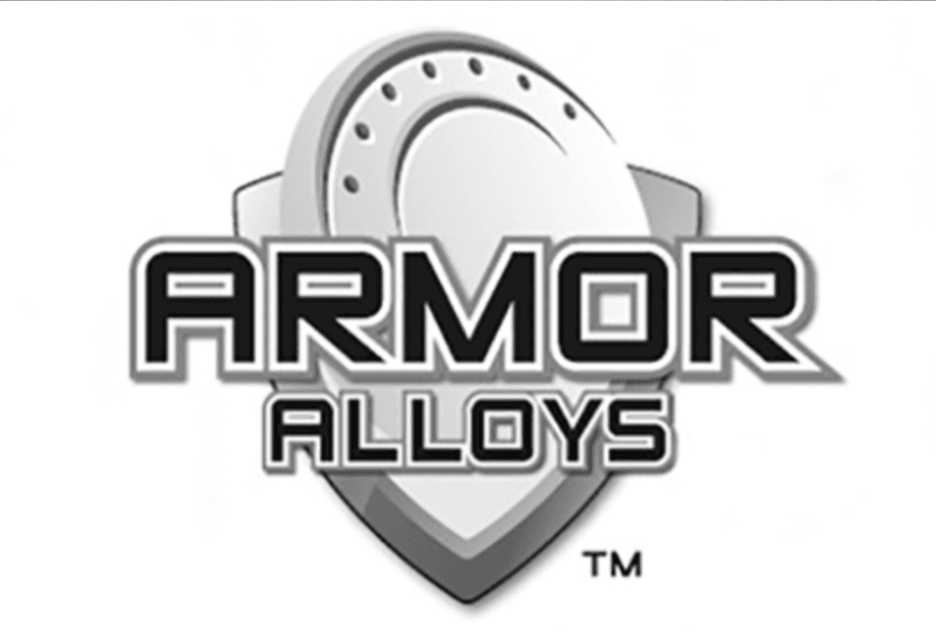 Black and grey company logo for Armor Alloys with a shield and fitting.